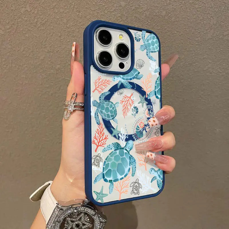 Ocean Sea Turtle Magnetic Case for iPhone 17/16 Pro Max - Durable, Shockproof, Anti-Scratch, Non-Yellowing with Colorful Border
